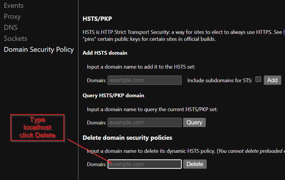 A screenshot of where you can delete the policy for a domain that has an HSTS policy  associated with it